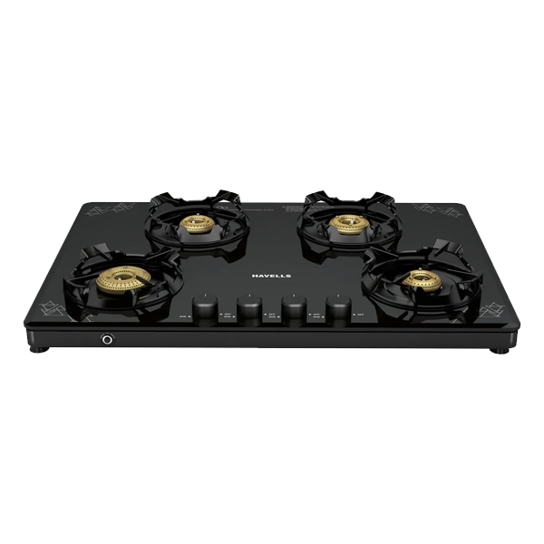 Havells Nucleus Toughened Glass Top 4 Burner Automatic Gas Stove (Heavy Duty Brass Burner, Black, NUCLEUS4B)